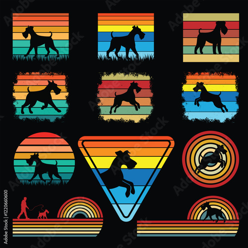 Vintage Airedale Terrier Silhouette Against Sunset Design Bundle