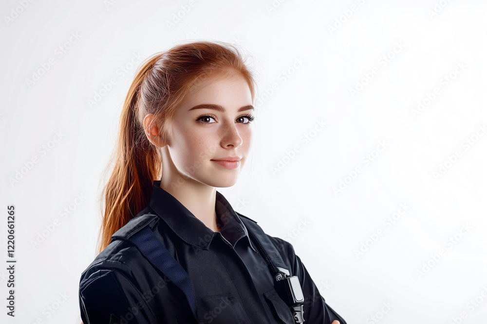 Young pretty redhead girl over isolated white background with police uniform Young pretty redhead girl over isolated white background with police uniform