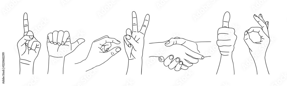 Different hand gestures set. Signs, expressions with pointing fingers, OK symbol, handshake. Line art vector drawing illustrations isolated Different hand gestures set. Signs, expressions with pointing fingers, OK symbol, handshake. Line art vector drawing illustrations isolated