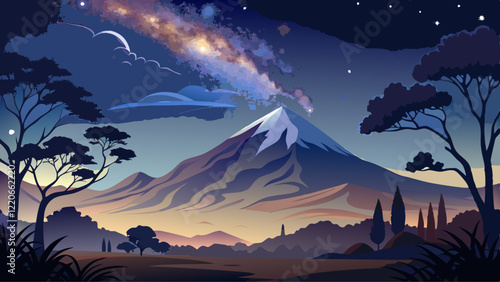 Wide panorama of the night sky showing the Milky Way and the Galactic Centre. In the foreground are various trees in silhouette and, at left, Mount Taranaki
