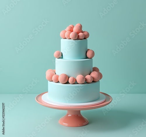 Three tiered cake with pink balls on a pink cake stand photo