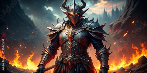 Dark Fantasy Knight Wallpaper: Demonic Armor, Fiery Background, 16:9 Aspect Ratio photo