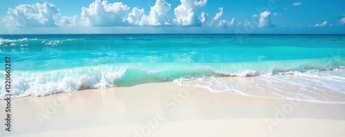 White sand, crystal-clear shallows, rolling blue waves , shallow, tropical, waves