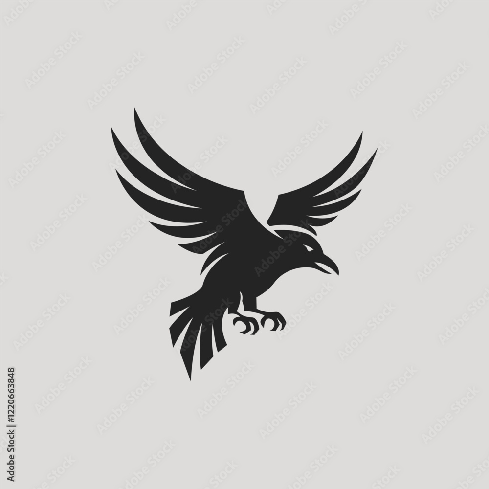 Obraz premium A bold and dynamic black silhouette of a raven mid-flight, showcasing its sharp talons and detailed wings against a light gray background, symbolizing mystery and freedom.