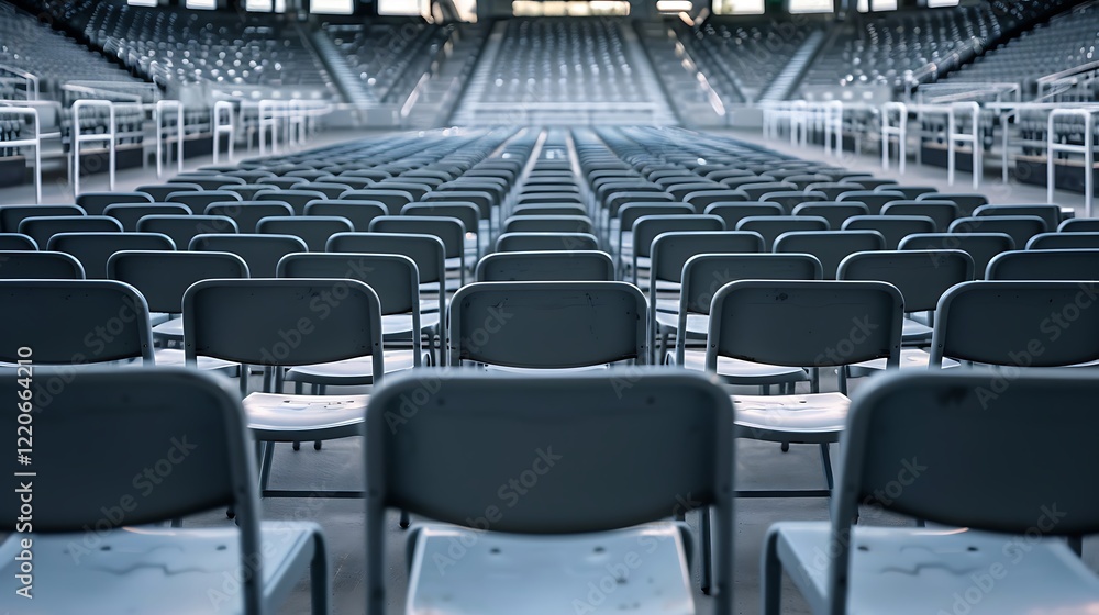 Naklejka premium Empty Arena Seating with Rows of Chairs and Concert Venue