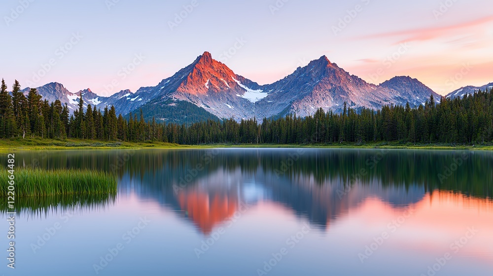 A serene landscape featuring majestic mountains reflecting on a calm lake, surrounded by lush greenery under a pastel sky at sunset. A serene landscape featuring majestic mountains reflecting on a calm lake, surrounded by lush greenery under a pastel sky at sunset.