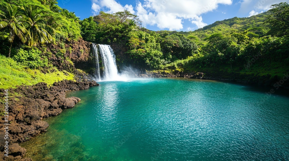 Fototapeta premium A stunning waterfall cascades into a turquoise pool, surrounded by lush greenery and tropical vegetation under a bright blue sky.