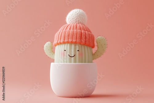 Wallpaper Mural Lone Cactus in a White Pot Wearing a Tiny Knitted Hat Against a Smooth Pastel Background for a Humorous Touch Torontodigital.ca