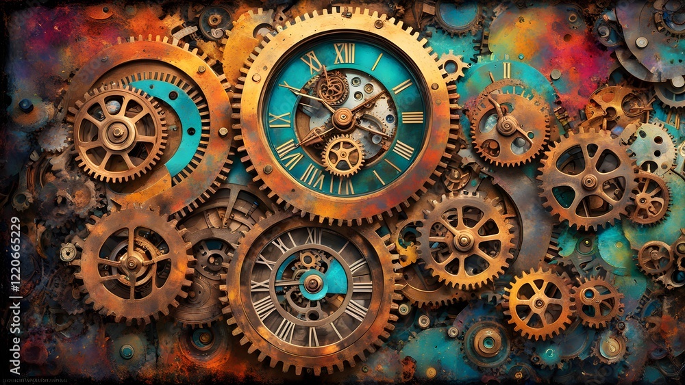 Fototapeta premium Intricate steampunk-style clockwork gears and timepieces form a vibrant, textured background.
