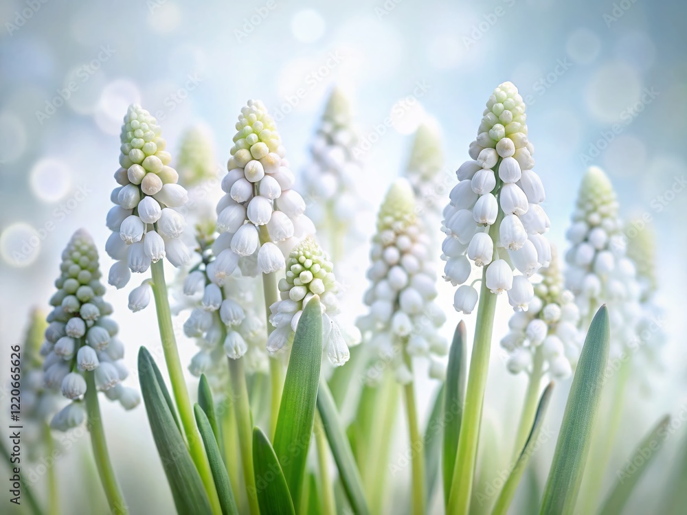 Delicate White Grape Hyacinths on Pure White Background - Copy Space for Text