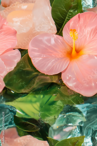 Fleur d'hibiscus rose avec feuilles vertes et pierres translucides photo