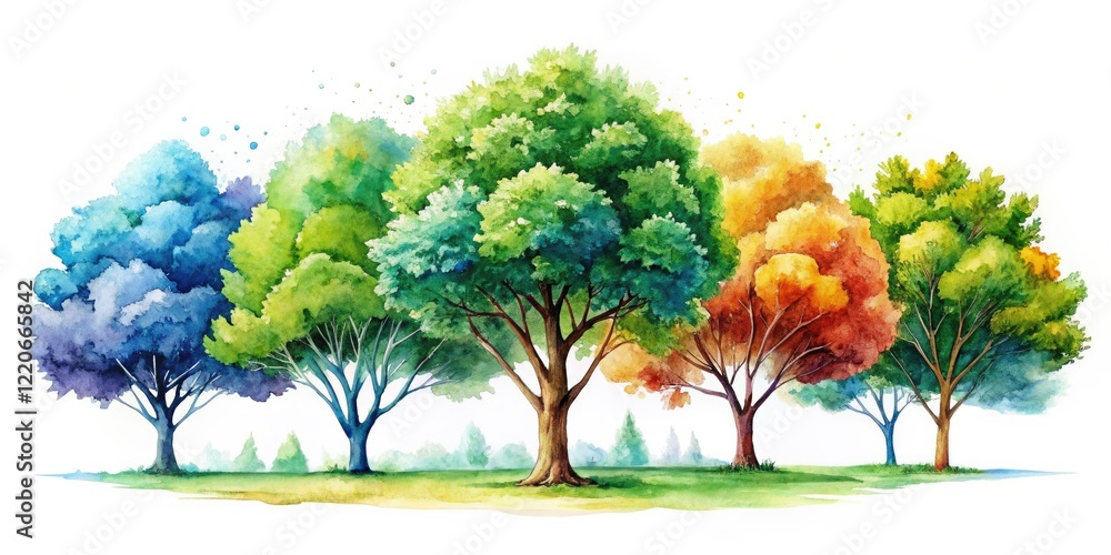 Fototapeta premium Panoramic watercolor tree paintings, perfect for nature-inspired designs and botanical prints on a white background.