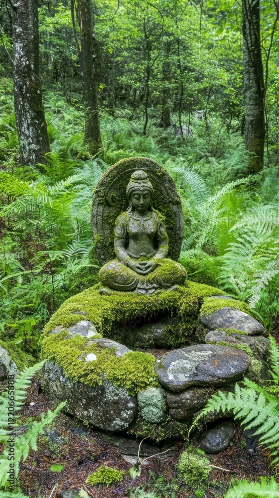 Moss Covered Buddha Statue Serene Amidst Lush Green Forest Tranquility Moss Covered Buddha Statue Serene Amidst Lush Green Forest Tranquility