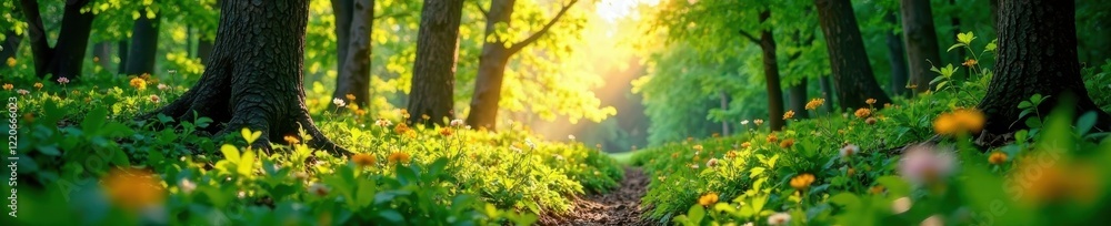 Sunlit spring forest, vibrant greens, dappled light, nature, backdrop Sunlit spring forest, vibrant greens, dappled light, nature, backdrop