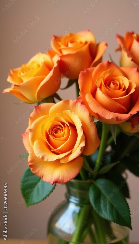 Freshly picked rose bouquets with bright orange hues, spring bouquet, bouquet details, fresh cut roses