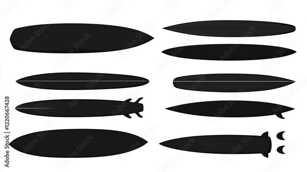 Set of simple, flat black vector shapes for long, curved surfboards. Simple design, white background, minimalist style. Set of simple, flat black vector shapes for long, curved surfboards. Simple design, white background, minimalist style.