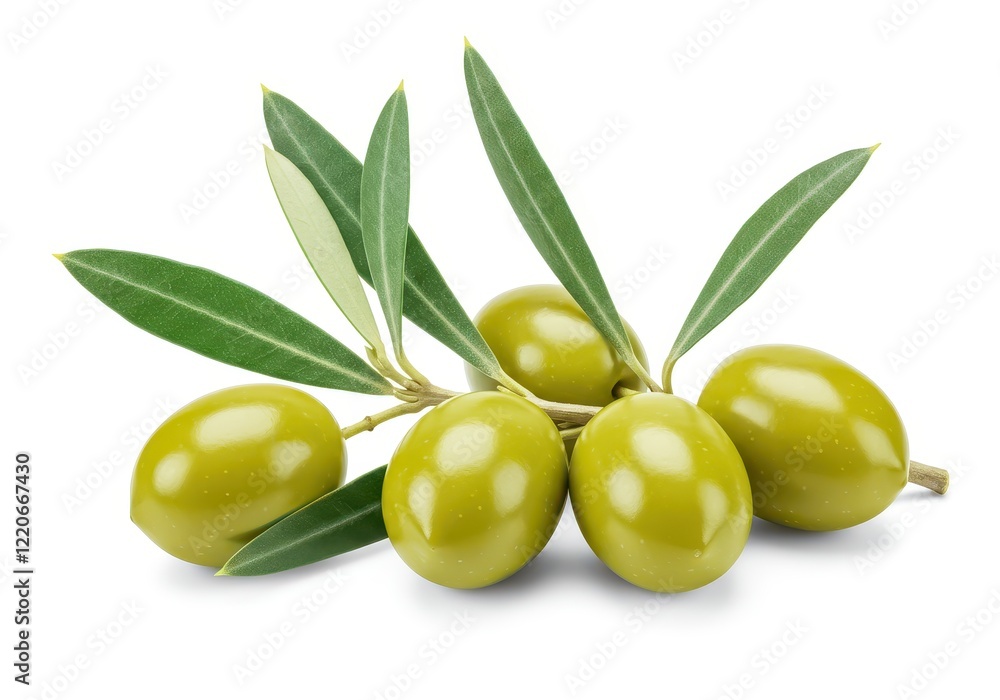 A crisp and detailed arrangement of fresh green olives on a twig with green leaves A crisp and detailed arrangement of fresh green olives on a twig with green leaves