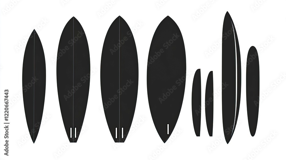 Set of simple, flat black vector shapes for long, curved surfboards. Simple design, white background, minimalist style. Set of simple, flat black vector shapes for long, curved surfboards. Simple design, white background, minimalist style.