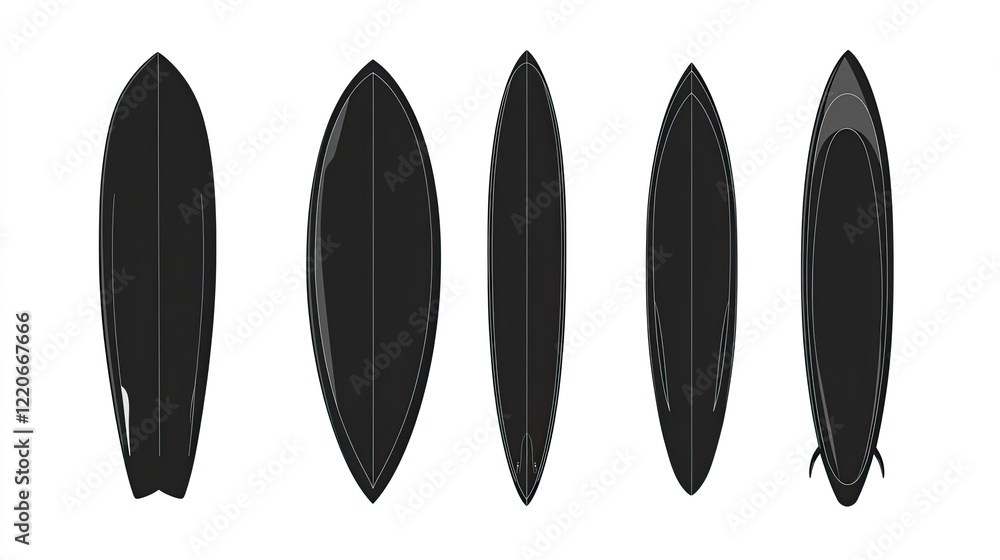 Set of simple, flat black vector shapes for long, curved surfboards. Simple design, white background, minimalist style. Set of simple, flat black vector shapes for long, curved surfboards. Simple design, white background, minimalist style.