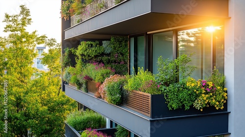 Fototapeta Naklejka Na Ścianę i Meble -  A modern, stylish apartment with a small balcony garden, emphasizing urban greenery.
