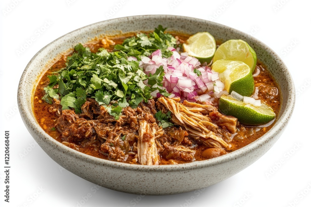 Delicious Pozole with Fresh Toppings on White Background Delicious Pozole with Fresh Toppings on White Background
