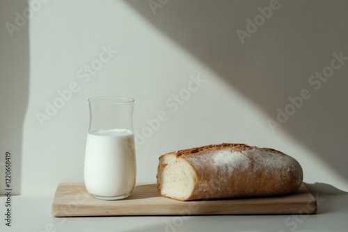 A glass of milk and a piece of bread sit on a wooden table. The milk is in a tall glass, and the bread is toasted with sugar sprinkled on top. The scene is simple and unpretentious, with the bread photo