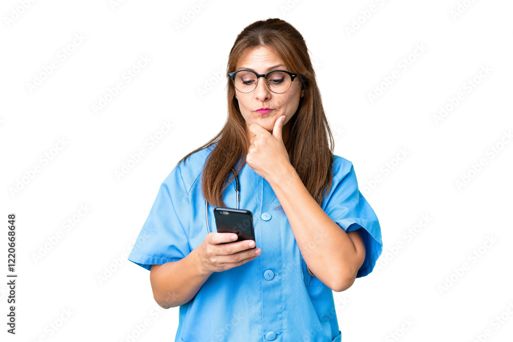 Middle age nurse woman over isolated background thinking and sending a message Middle age nurse woman over isolated background thinking and sending a message