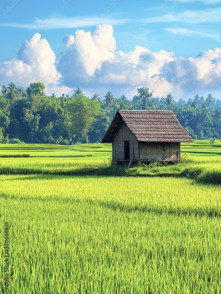 Serene Rice Fields and a Rustic Hut under a Blue Sky with Puffy Clouds Serene Rice Fields and a Rustic Hut under a Blue Sky with Puffy Clouds
