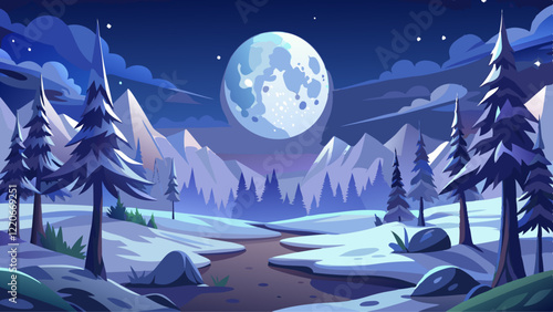 Full moon shining over a snow-covered forest with clear night sky and stars