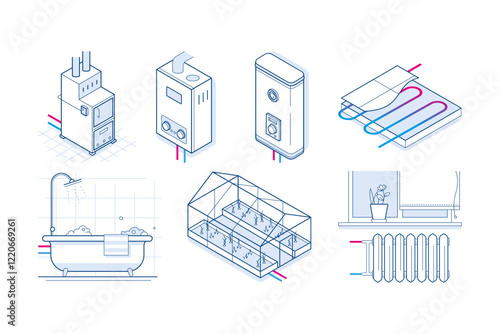 set of isometric vector illustrations about heating, heat generation, energy consumption devices and connections. Consumption of coolant and its production. Boiler, bathroom, greenhouse and heating.