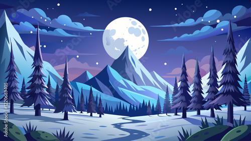 Full moon shining over a snow-covered forest with clear night sky and stars