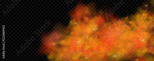 Orange magic fog. Yellow smoke with glowing particles. Colored powder with explosion effect.