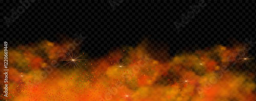 Orange magic fog. Yellow smoke with glowing particles. Colored powder with explosion effect.