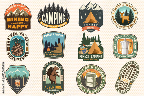 Set of Summer camp and hiking patches, badges. Vector. Concept for shirt or logo, print, stamp, patch or tee. Design with camping tent, campfire, man with guitar, bear, mountain and forest.