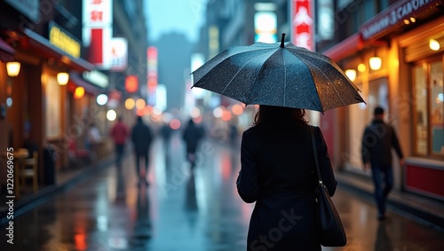 Woman Walking Alone Under Umbrella in Rainy City at Night