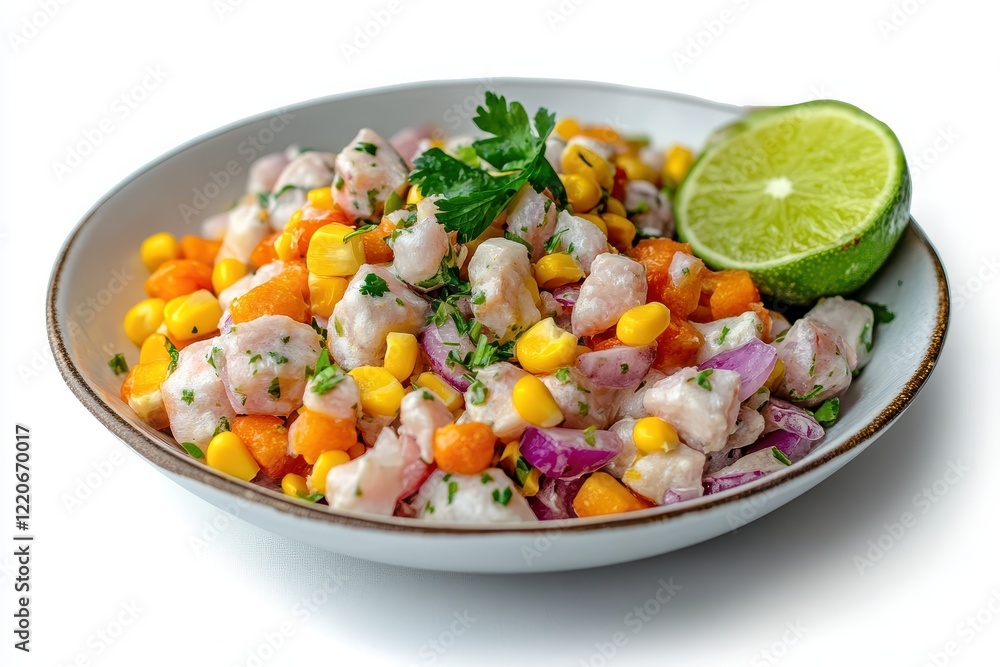 Fresh Ceviche with Lime and Corn on White Background Fresh Ceviche with Lime and Corn on White Background