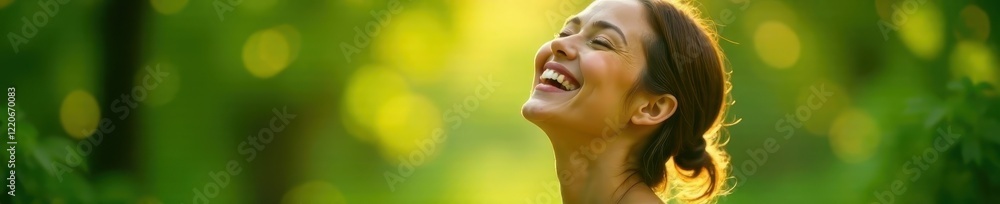 Naklejka premium Radiant smile, peaceful expression, lush greenery backdrop, beautiful, lush