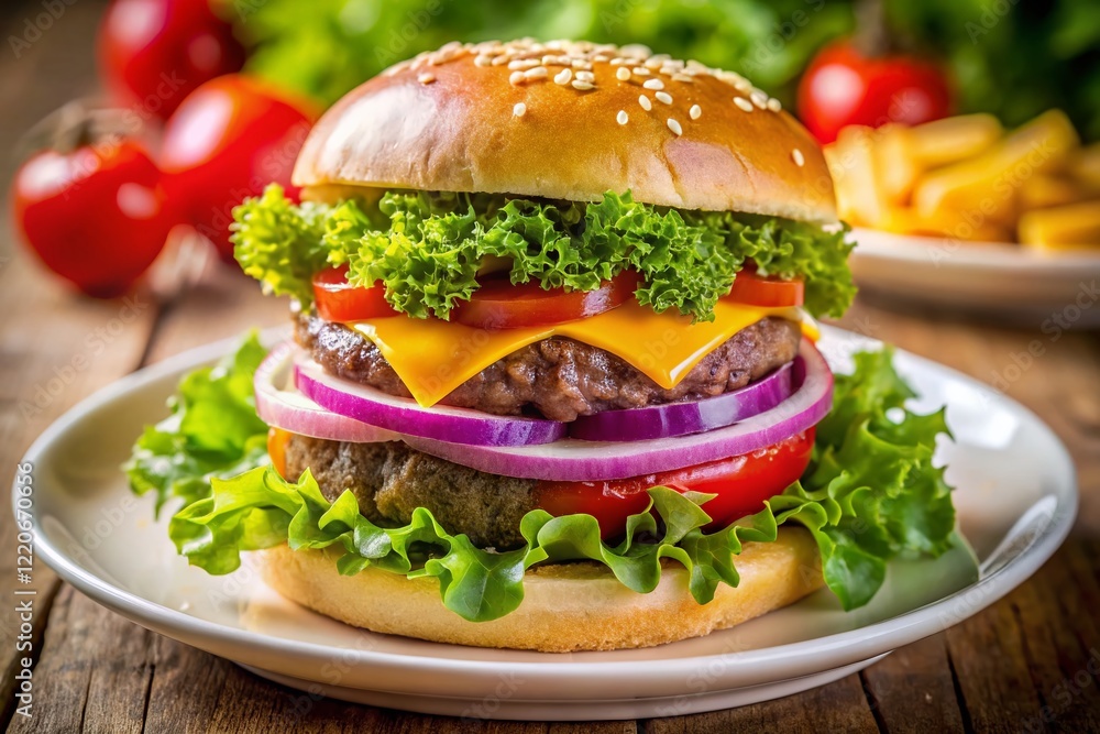 Delicious Juicy Burger on Plate – Aerial View Stock Photo Delicious Juicy Burger on Plate – Aerial View Stock Photo