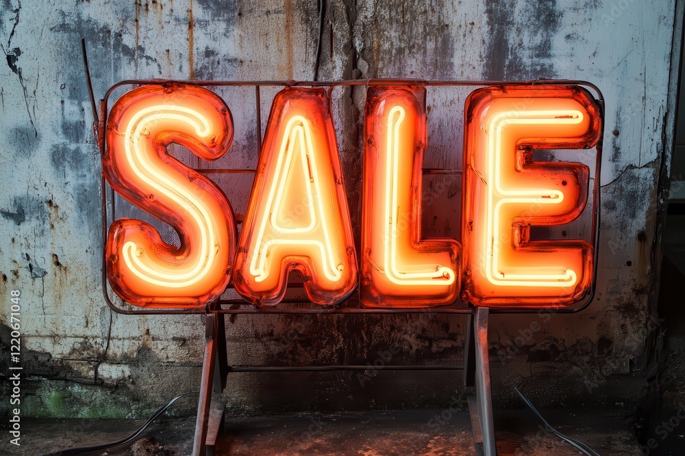 Naklejka premium Glowing Neon Sale Sign on Industrial Wall Background