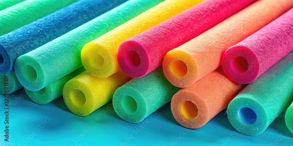 Turquoise backdrop showcases vibrant pool noodles, summer's playful energy captured using the rule of thirds. Turquoise backdrop showcases vibrant pool noodles, summer's playful energy captured using the rule of thirds.