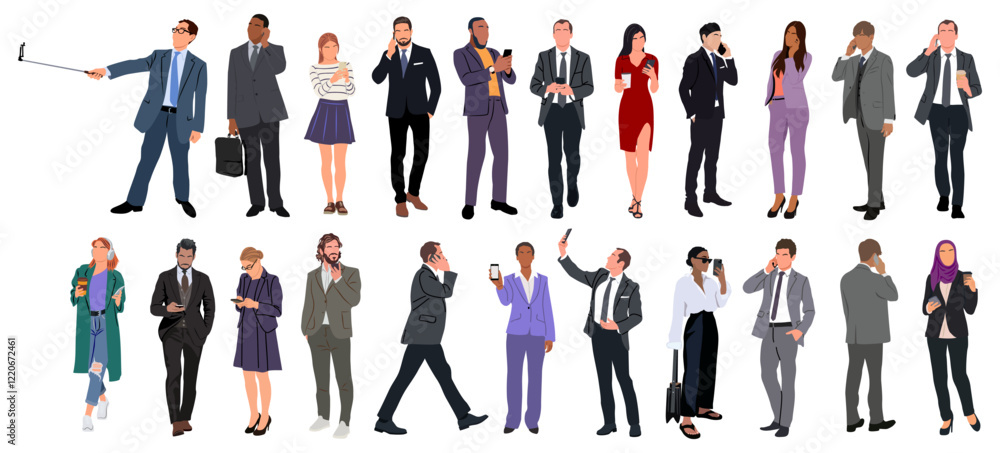 Set of diverse Business People with smartphones vector realistic illustrations isolated. Different poses, front, side, rare view. Men, women in formal, smart casual outfits using mobile phones. Set of diverse Business People with smartphones vector realistic illustrations isolated. Different poses, front, side, rare view. Men, women in formal, smart casual outfits using mobile phones.