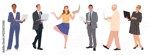 Business people working at laptop. Different men and women wearing smart casual and formal office outfits standing, walking with computer. Realistic vector illustrations isolated on white background.