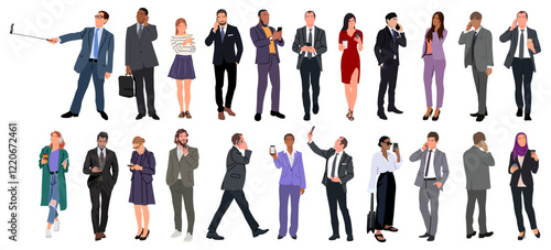 Set of diverse Business People with smartphones vector realistic illustrations isolated. Different poses, front, side, rare view. Men, women in formal, smart casual outfits using mobile phones.