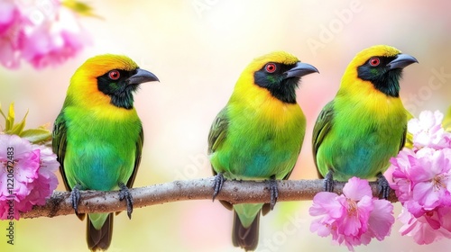 Three Golden Fronted Leafbirds Perched On A Branch photo