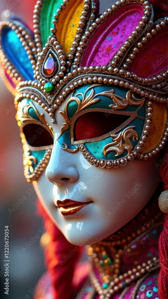 Colorful venetian mask with intricate design and beaded details Colorful venetian mask with intricate design and beaded details