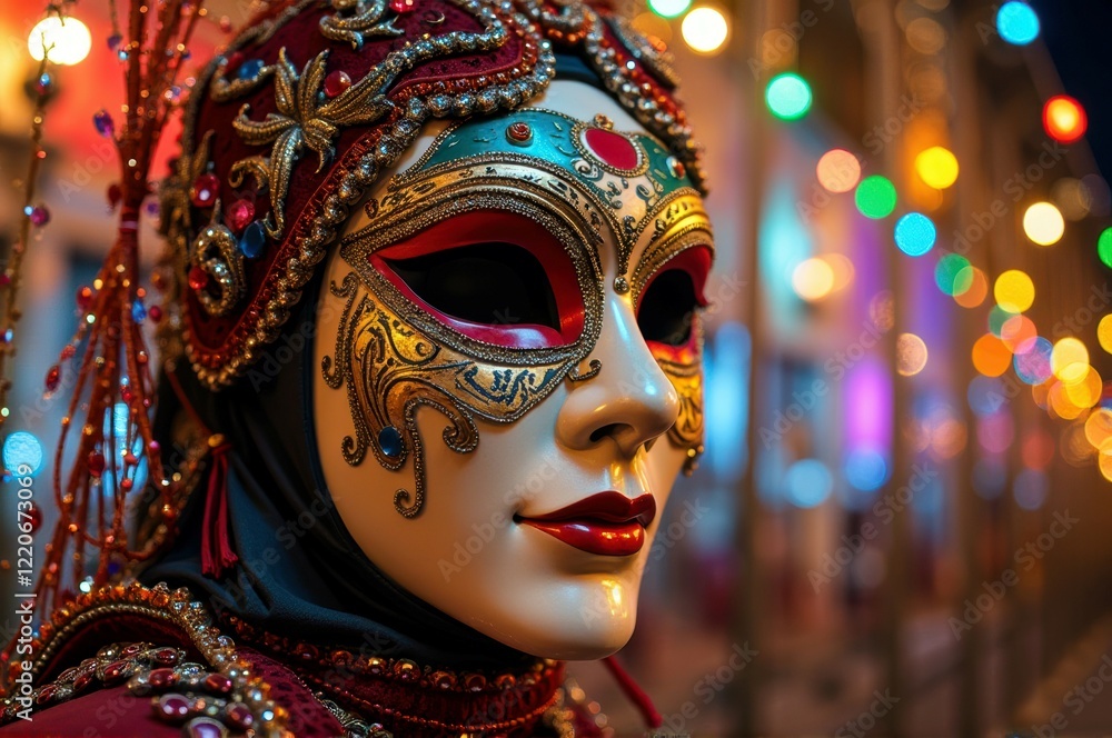 Elegant venetian mask with intricate design and red gemstones at night carnival Elegant venetian mask with intricate design and red gemstones at night carnival