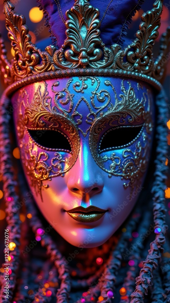 Fototapeta premium Ornate venetian mask with gold crown and intricate details