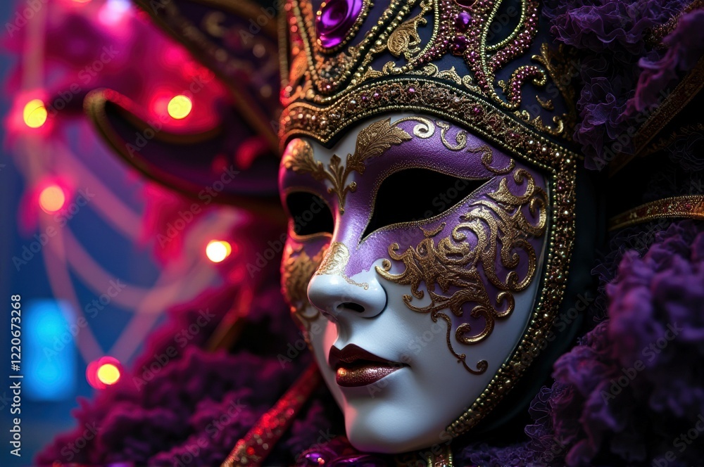 Fototapeta premium Ornate venetian mask with purple and gold detailing at carnival festival