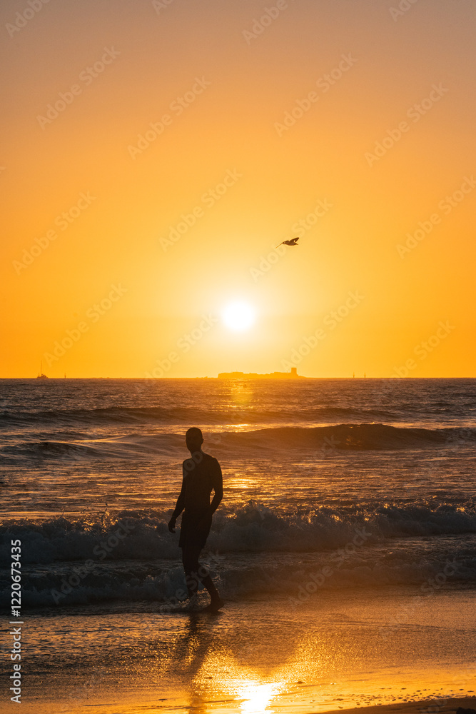 Fototapeta premium Silueta de un hombre en la orilla de la playa al atardecer con el sol de fondo