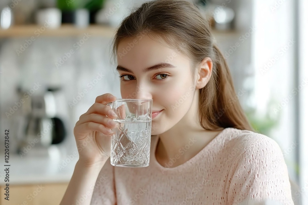 Thirsty young woman drinking fresh water from glass. Home office kitchen interior. Headshot portrait. Thirsty young woman drinking fresh water from glass. Home office kitchen interior. Headshot portrait.